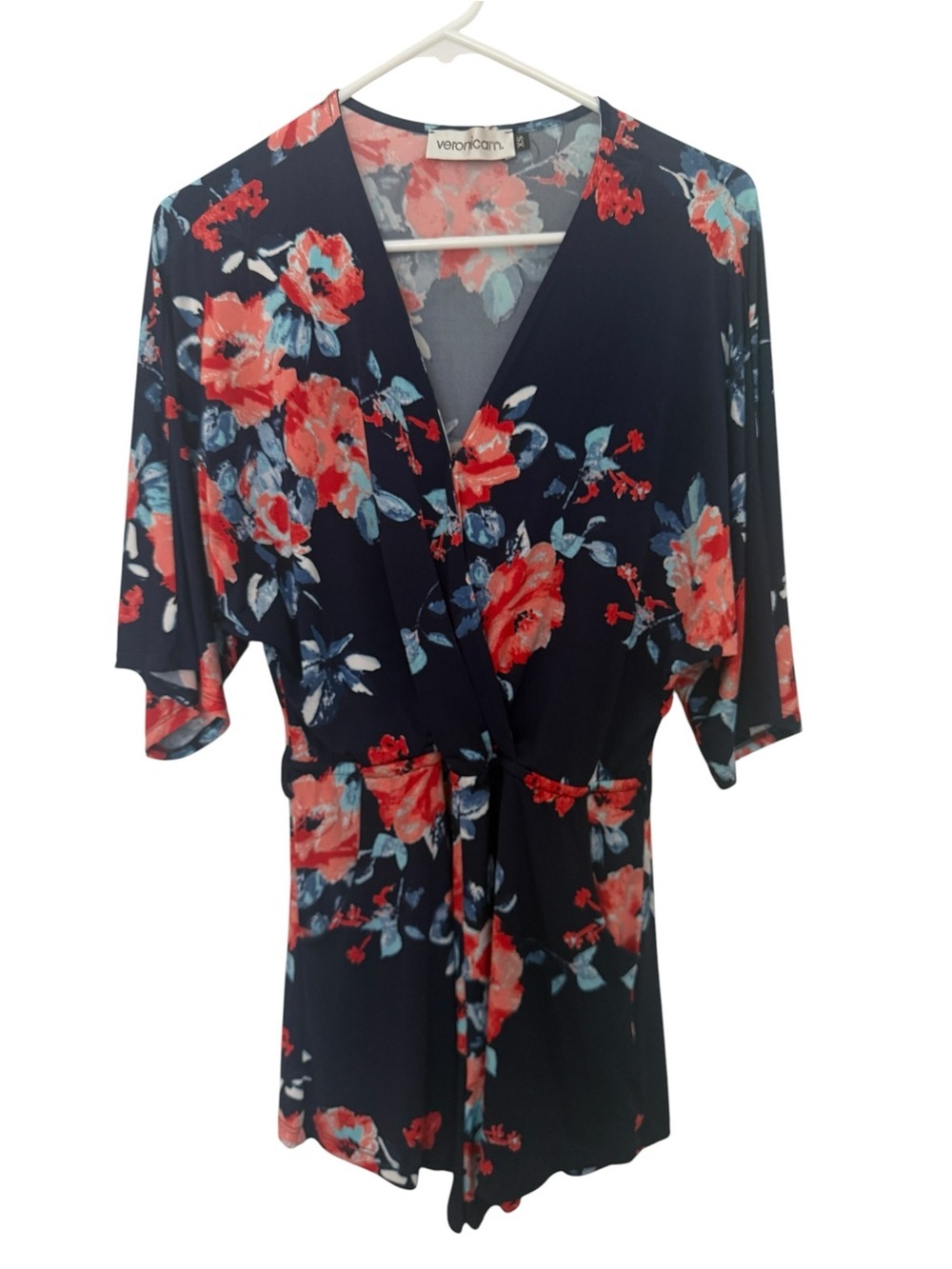 Veronica M Navy Floral Shorts Romper with Coral Blooms Women XS